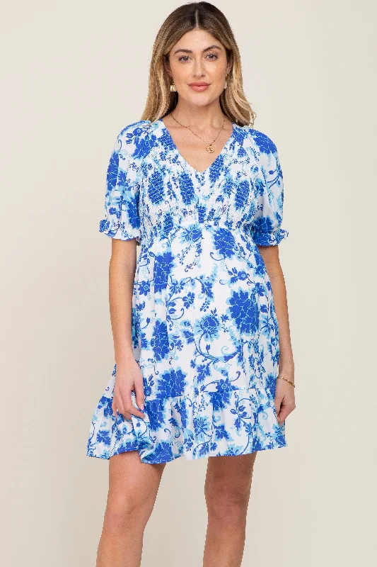 Blue Floral Smocked Puff Sleeve Maternity DressSari Dress