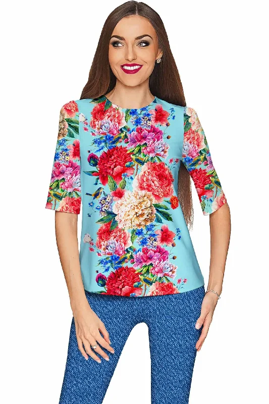 Amour Sophia Floral Print Elbow Sleeve Dressy Top - WomenMidi Dress