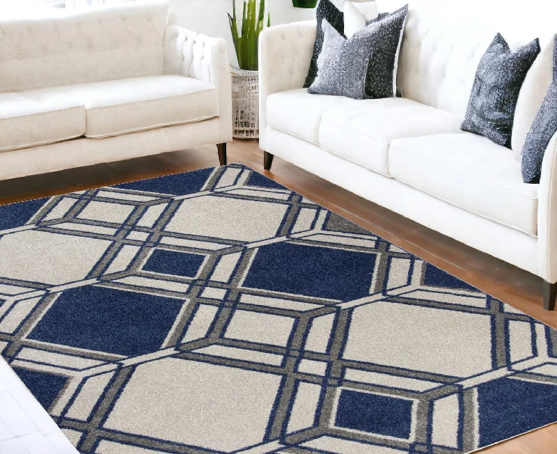 5' X 8' Ivory Or Denim Geometric Diamond Uv Treated Area RugWestern denim