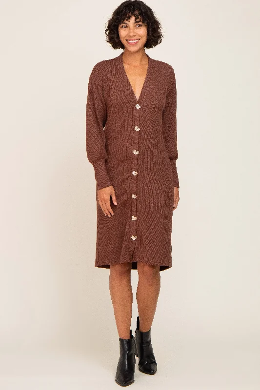 Open-front cardiganBrown Long Button Down Cardigan/Dress