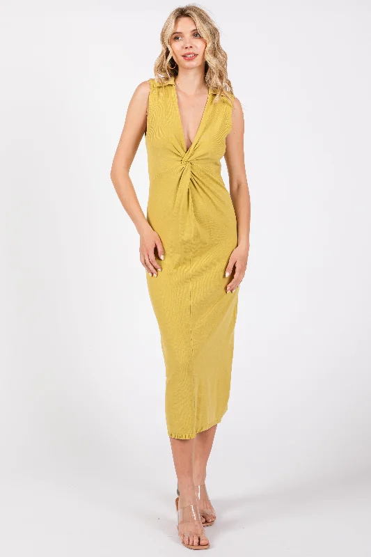 Lime Collared Sleeveless Twist Knit Midi DressAsymmetrical Knit Tops