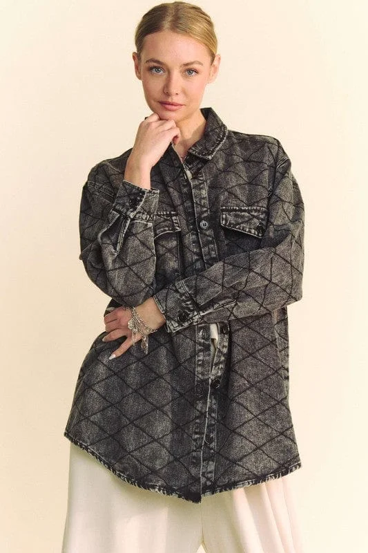 Davi & Dani Curved Hem Diamond Quilted Button Up Denim ShacketDenim pleats