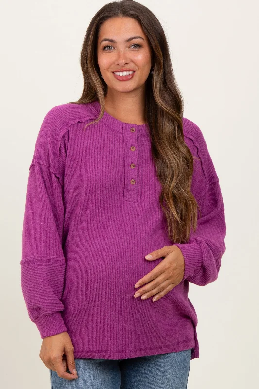 Plum Oversized Ribbed Knit Henley Maternity SweaterYoga Knit Tops