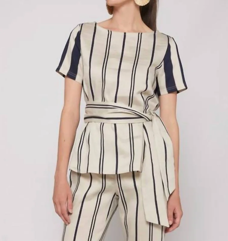 Sandra Stripe Shirt With Sash In Elba Stripe Beige/navy