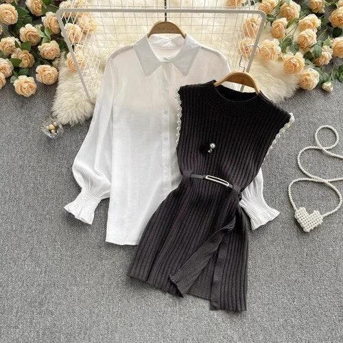 Sixsr  Spring Outfits Women Sleeve White Shirt Fashion Two Piece Suit Red Cotton Sweater Vest Lady Casual Preppy Style White Belt