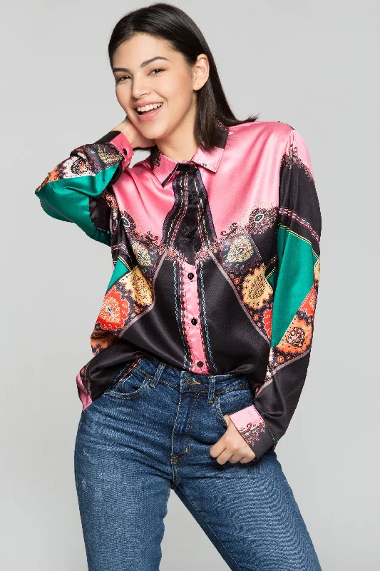 Black and Bright Pink Colorful Mixed Prints Shirt