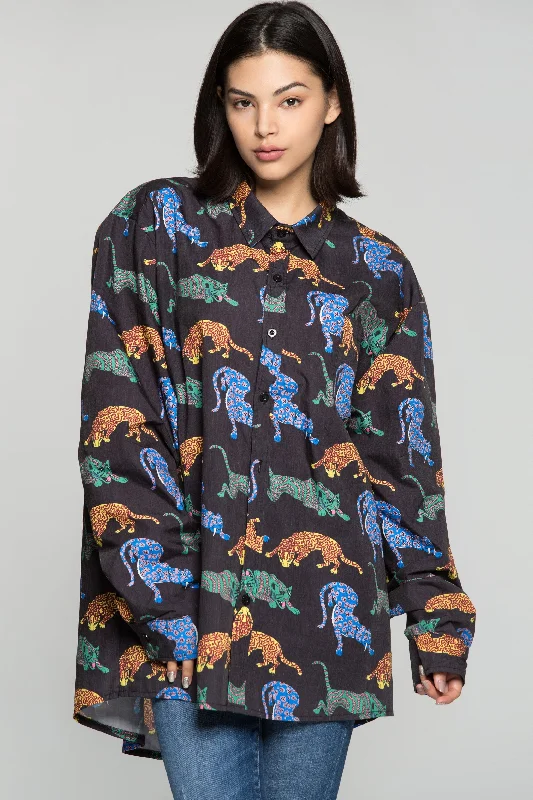 Black Full Sleeves Colourful Tiger Print Shirt