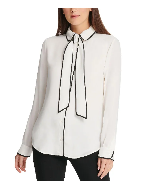 Petites Womens Button-Down Collared Blouse