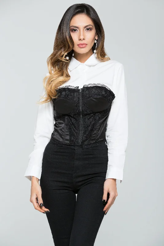 White Shirt with Black Sweetheart Neck Lace Top