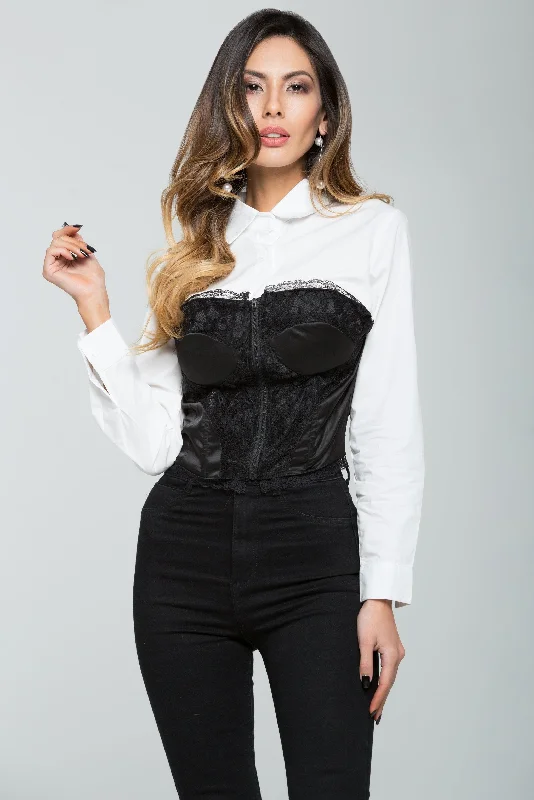 White Shirt with Black Sweetheart Neck Lace Top