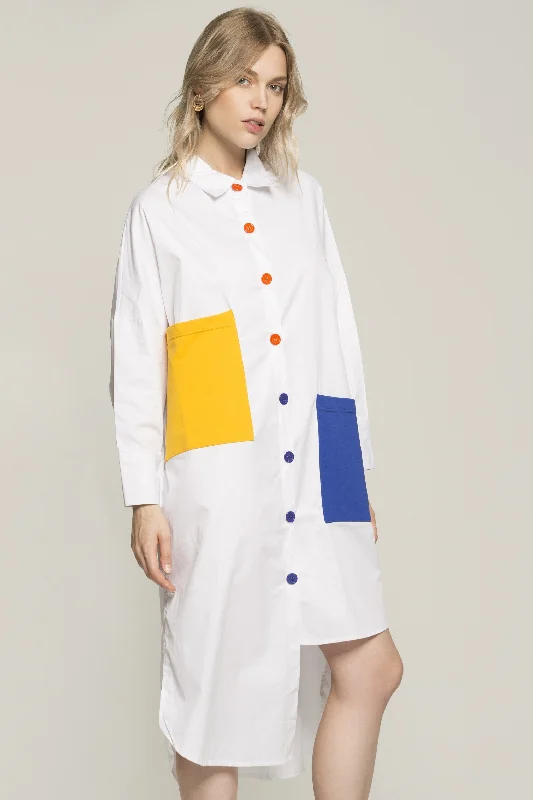 White Solid Asymmetrical Cut Colorful Pockets Long Shirt