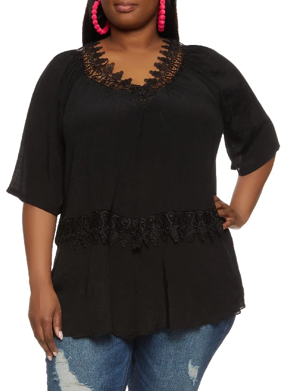 Plus Size Gauze Knit Crochet Lace Trim Blouse