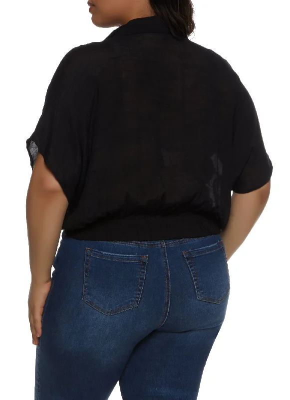 Plus Size Gauze Knit Elastic Waist Cropped Shirt