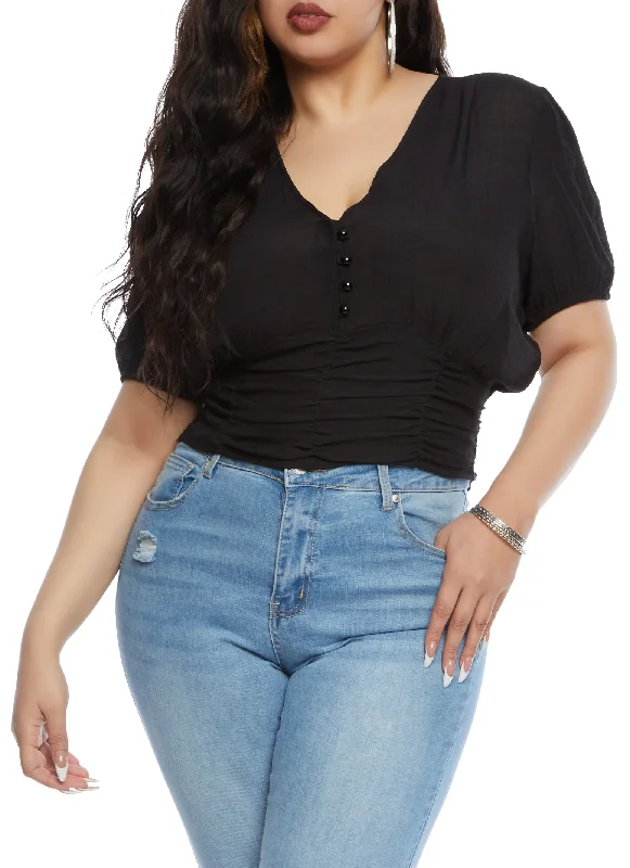 Plus Size Gauze Knit V Neck Ruched Peasant Top