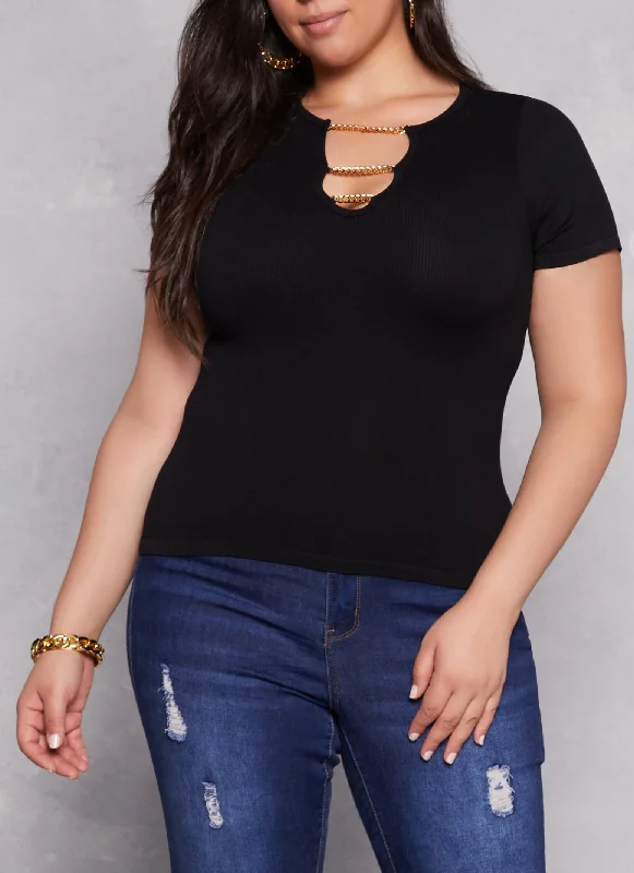 Plus Size Ribbed Knit Chain Detail Keyhole Tee