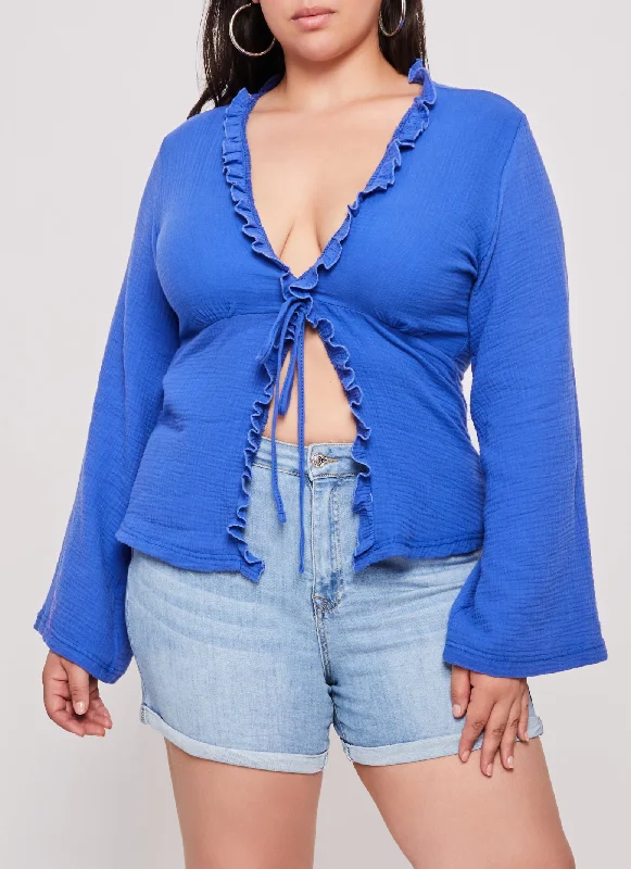 Plus Size Gauze Knit Tie Front Blouse