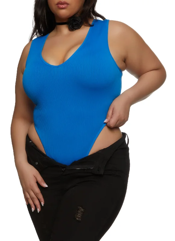 Plus Size Rib Knit High Cut Seamless V Neck Bodysuit