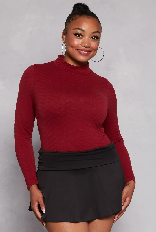 Plus Size Seamless Textured Knit Mock Neck Top