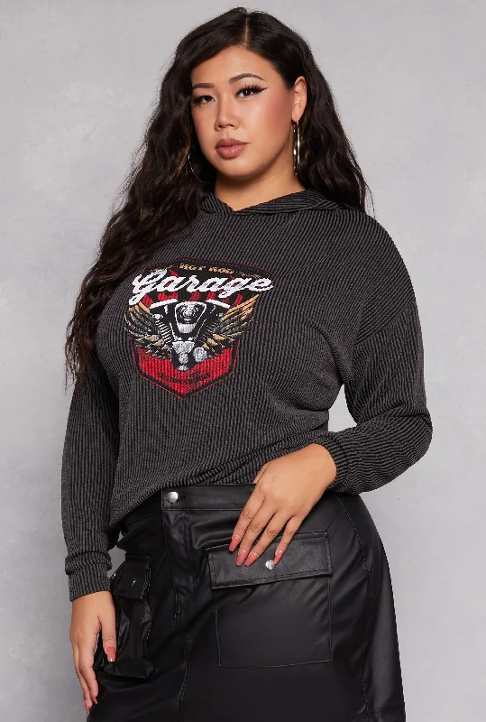 Plus Size Textured Knit Garage Graphic Sweatshirt