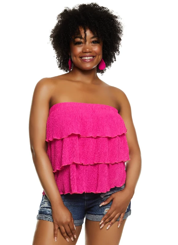 Plus Size Textured Knit Tiered Tube Top