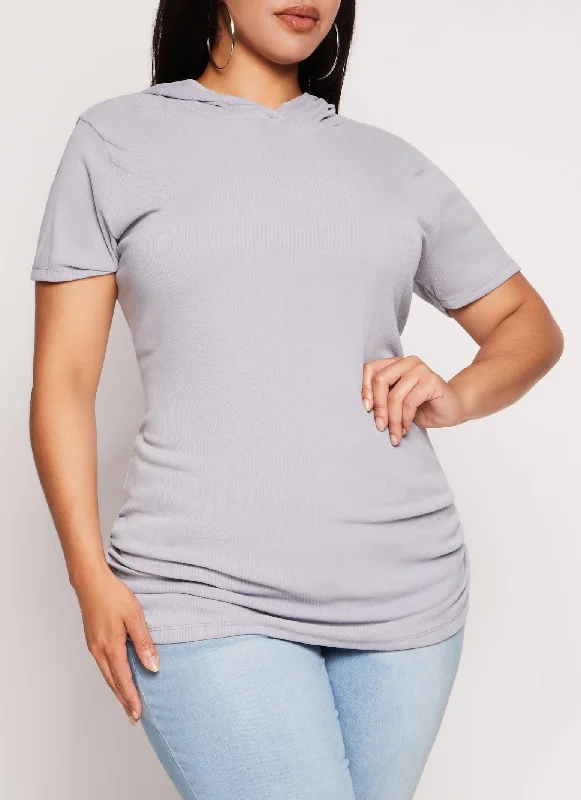 Plus Size Rib Knit Hooded Short Sleeve Tee