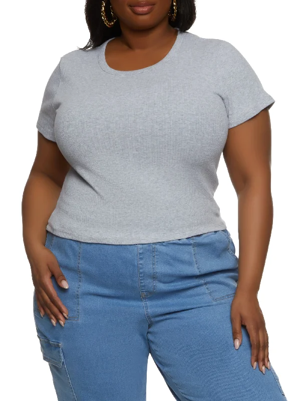 Plus Size Basic Ribbed Knit Short Sleeve Top