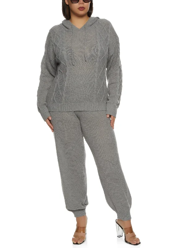 Plus Size Cable Knit Pullover Hoodie