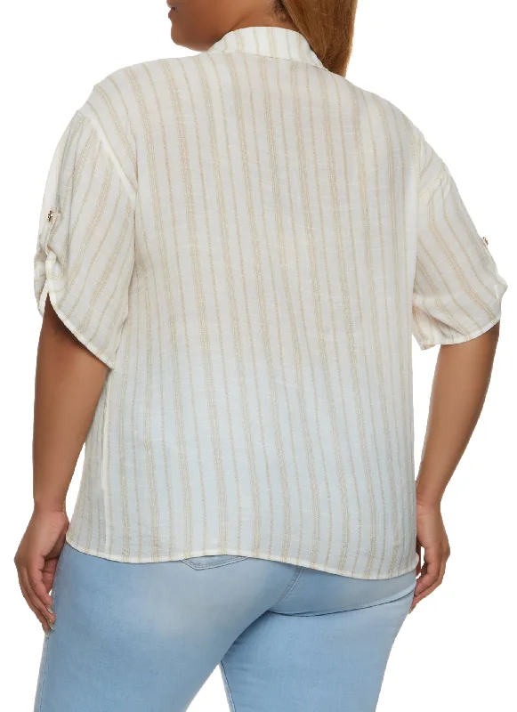 Plus Size Striped Gauze Knit Tabbed Sleeve Shirt