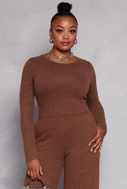 Plus Size Brushed Knit Long Sleeve Crop Top