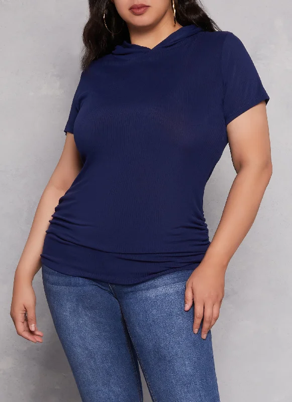 Plus Size Rib Knit Hooded Short Sleeve Tee