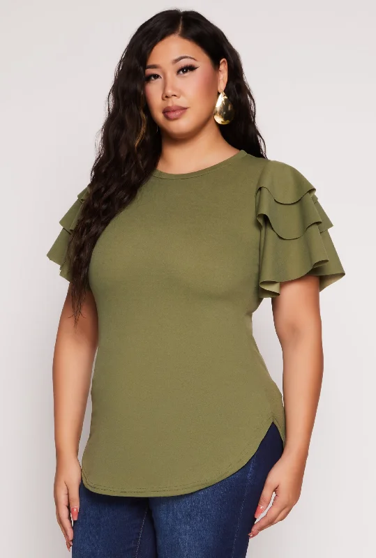 Plus Size Crepe Knit Tiered Sleeve Top