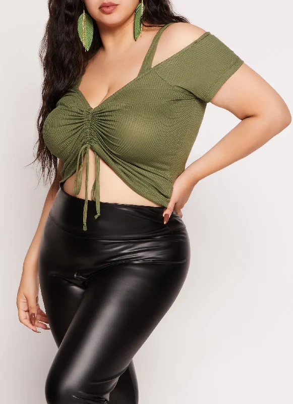 Plus Size Ribbed Knit Ruched Cold Shoulder Top