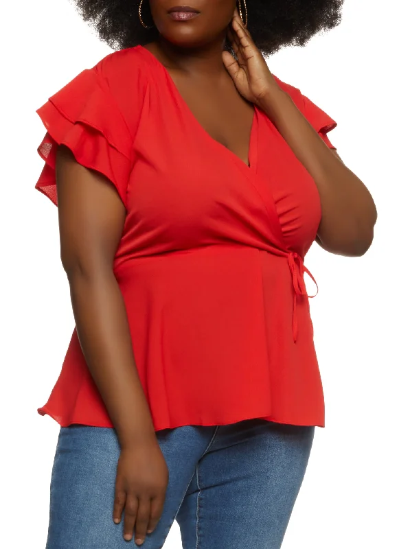 Plus Size Crepe Knit Faux Wrap Blouse