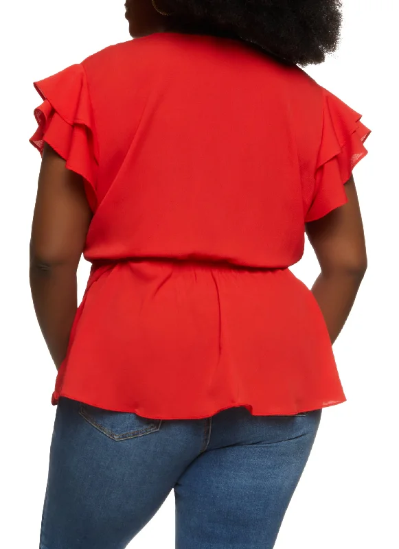 Plus Size Crepe Knit Faux Wrap Blouse