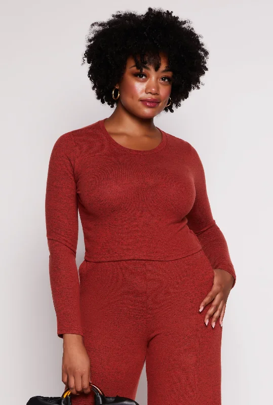 Plus Size Brushed Knit Long Sleeve Crop Top