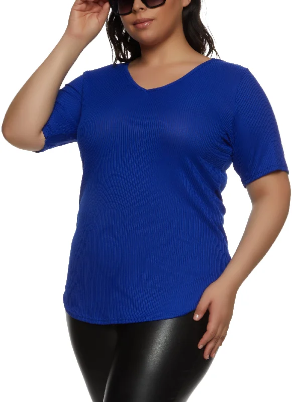 Plus Size Rib Knit V Neck Tee