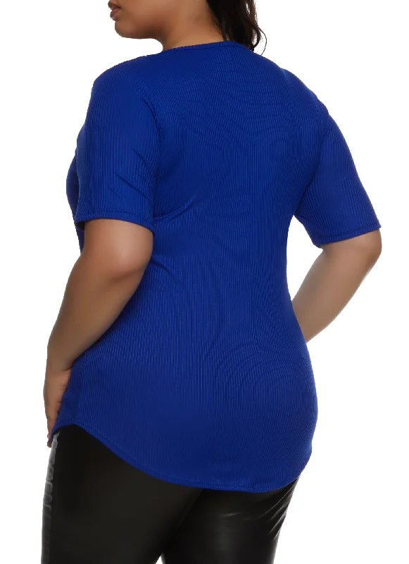 Plus Size Rib Knit V Neck Tee