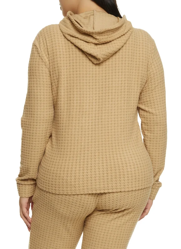 Plus Size Solid Textured Knit Houndstooth Hoodie