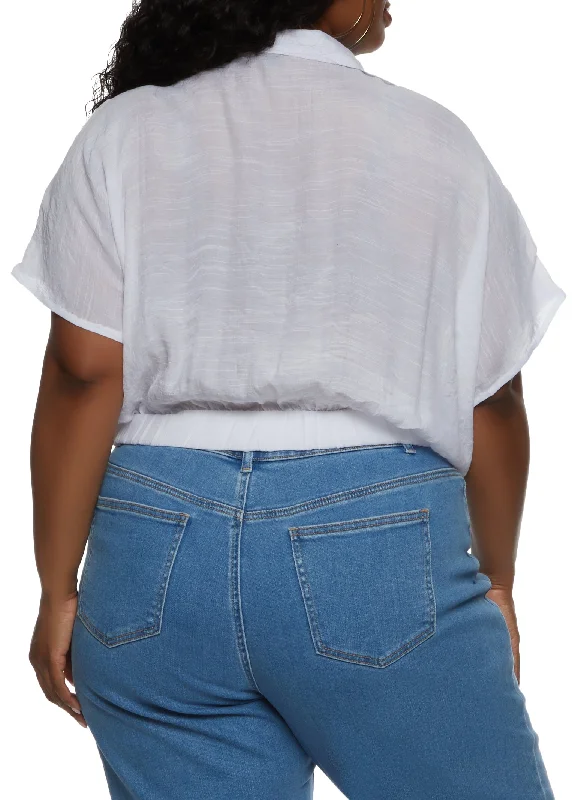 Plus Size Gauze Knit Elastic Waist Cropped Shirt