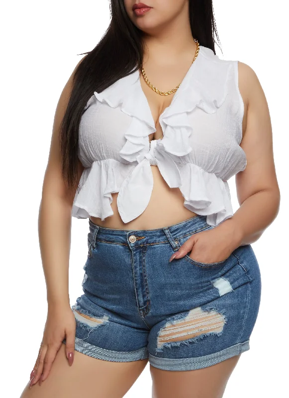 Plus Size Gauze Knit Ruffled Tie Front Crop Top