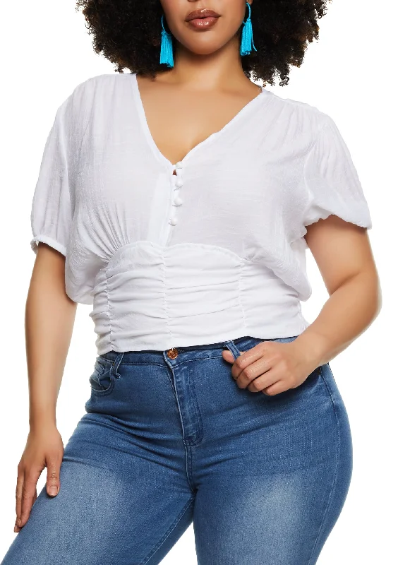 Plus Size Gauze Knit V Neck Ruched Peasant Top