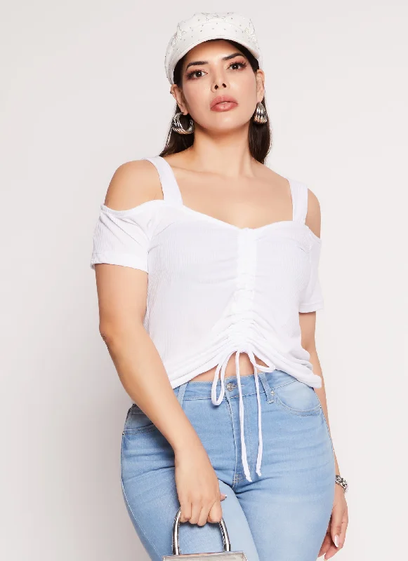 Plus Size Ribbed Knit Ruched Cold Shoulder Top