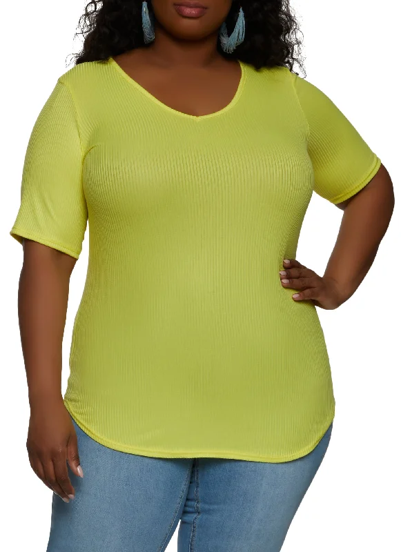 Plus Size Rib Knit V Neck Tee