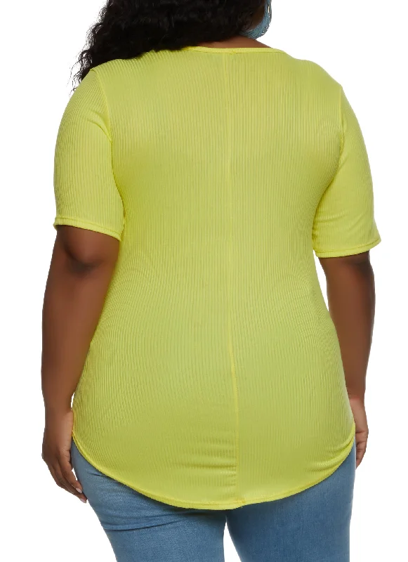 Plus Size Rib Knit V Neck Tee