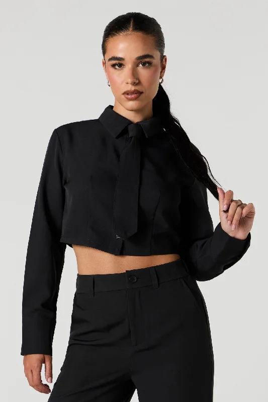 Cropped Button-Up Long Sleeve Top with Tie