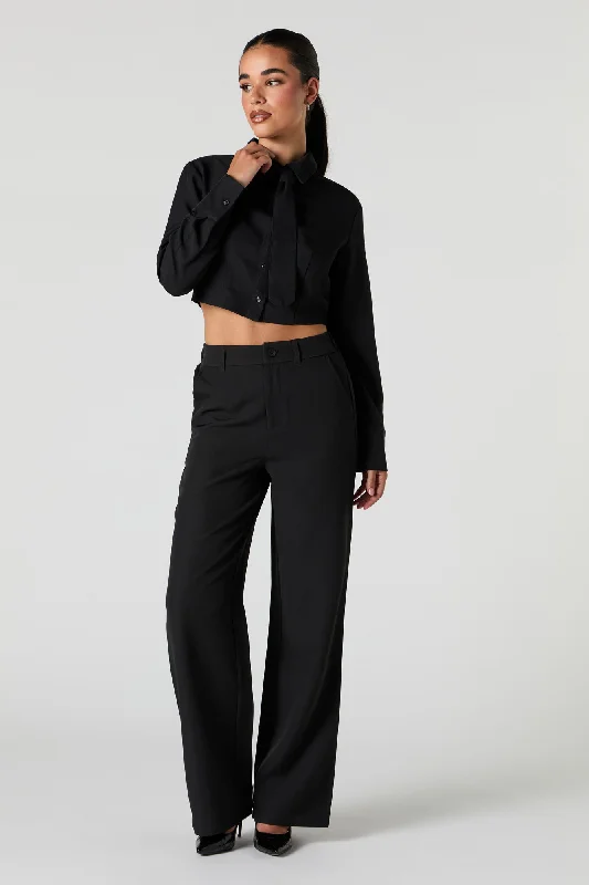 Cropped Button-Up Long Sleeve Top with Tie