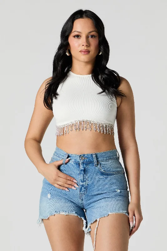 Rhinestone Fringe Ribbed Cropped Tank