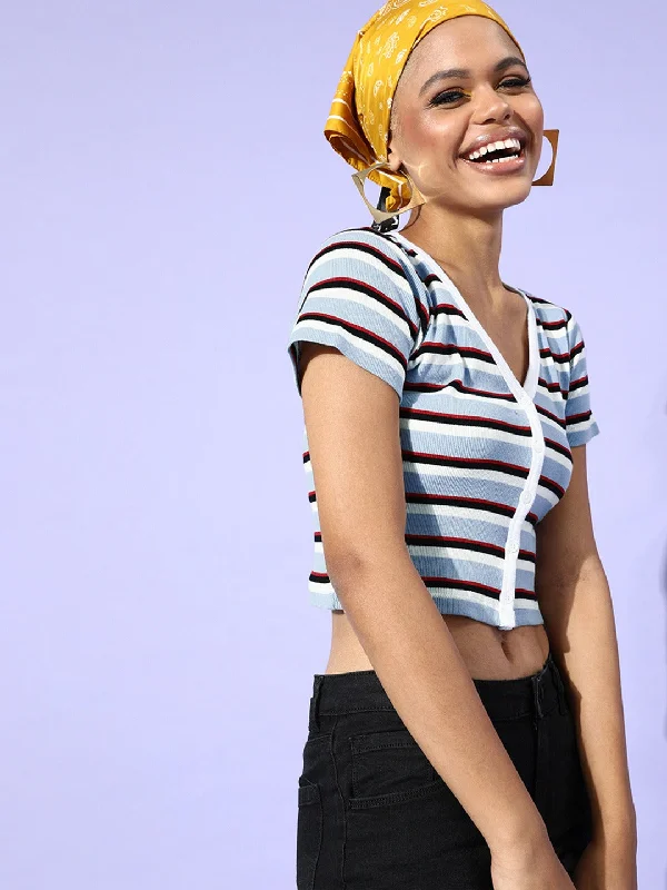 Blue Multi Stripe Front Button Rib Crop Top