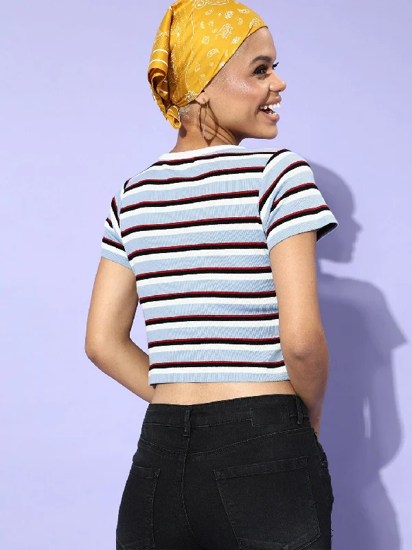 Blue Multi Stripe Front Button Rib Crop Top