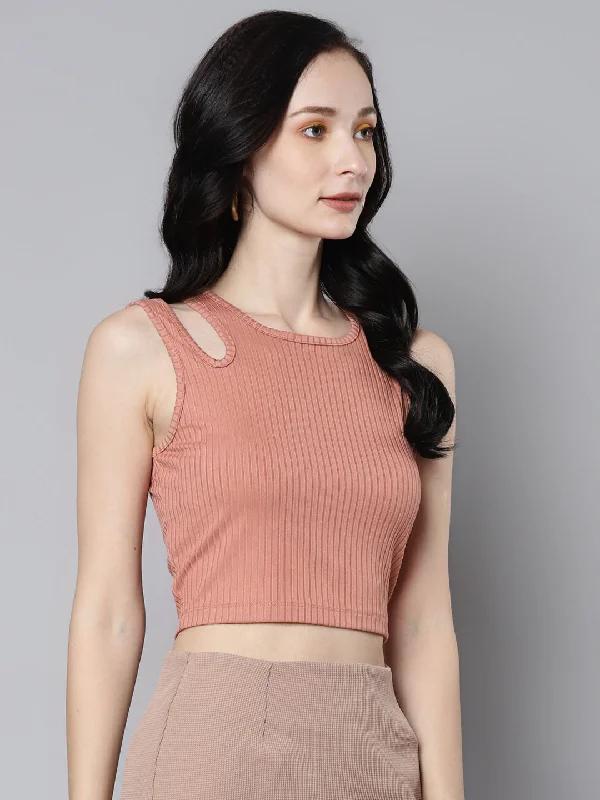 Women Baked Pink Rib Shoulder Cut Out Crop Top